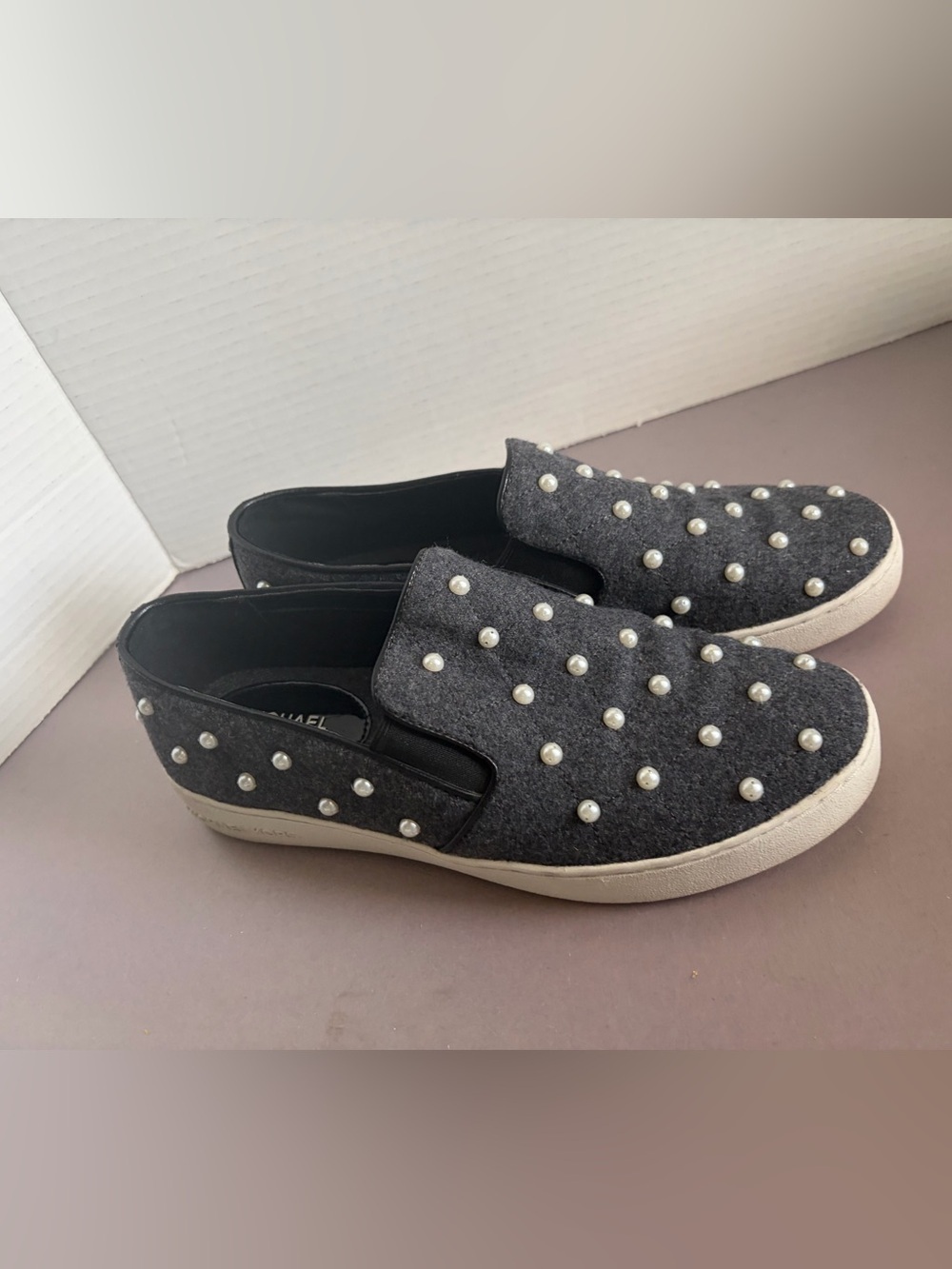 Michael Kors Dark Gray Pearl-Embellished Slip-On Loafers